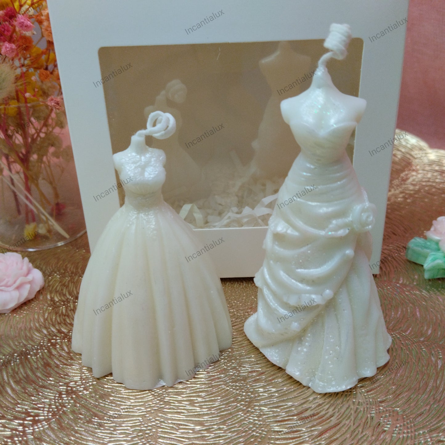 Vestidos-Elegância que brilha-Conjunto de duas velas decorativas em cera de soja